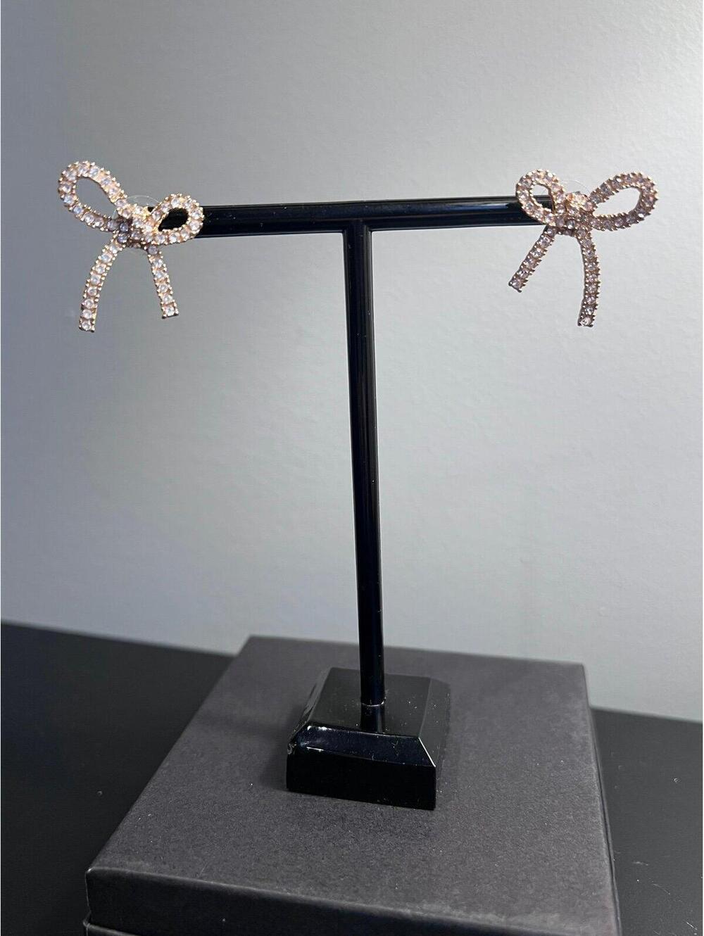Bow Shaped Stud Earrings in Gold w/ Pave Cubic Zirconia - Picture 9 of 11